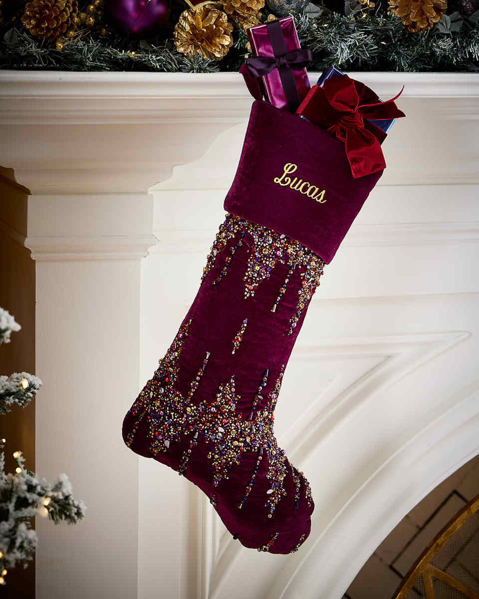 Plum Christmas Beaded Stocking, Personalized